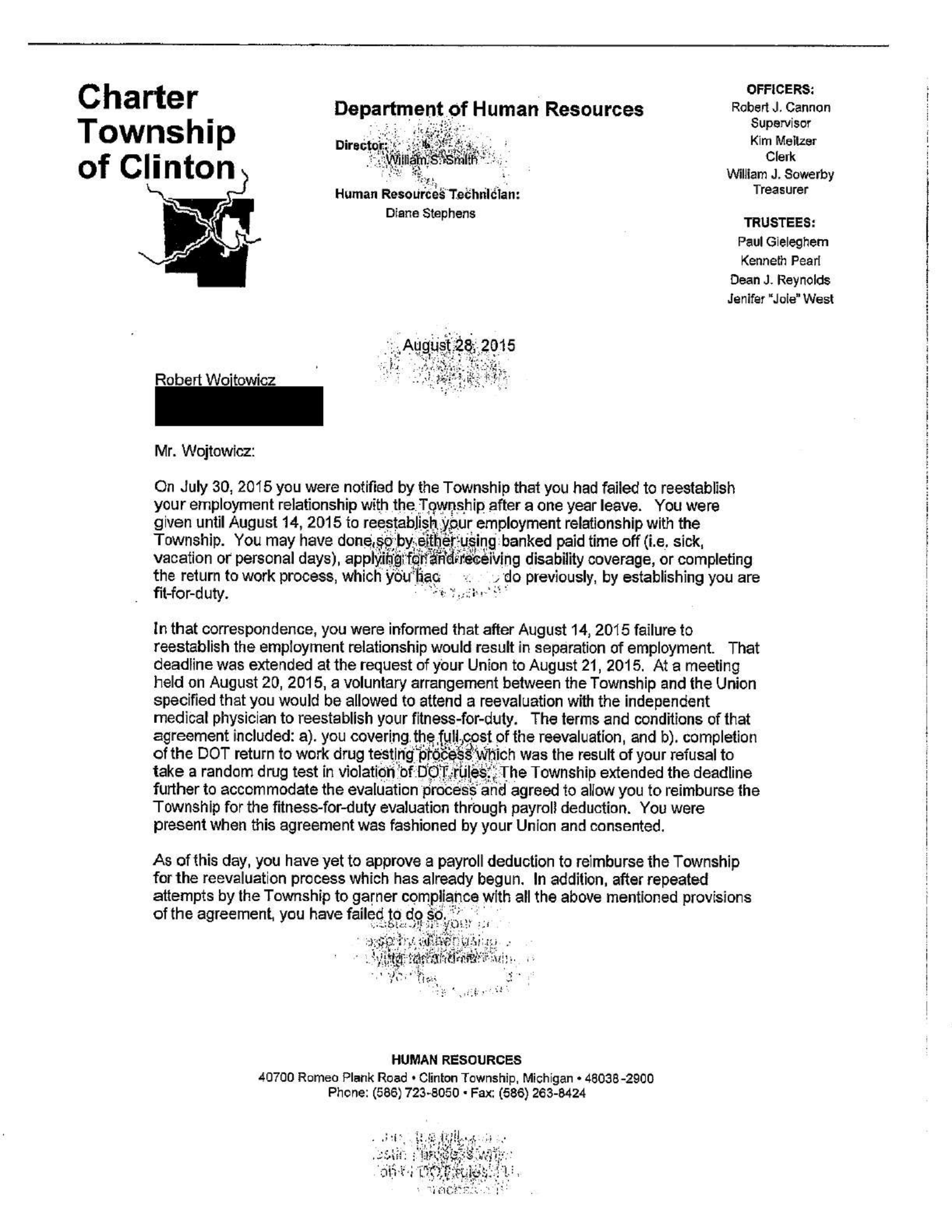 Clinton Township Human Resources letter dated August 28, 2015 concerning Robert Wojtowicz and return-to-work requirements
